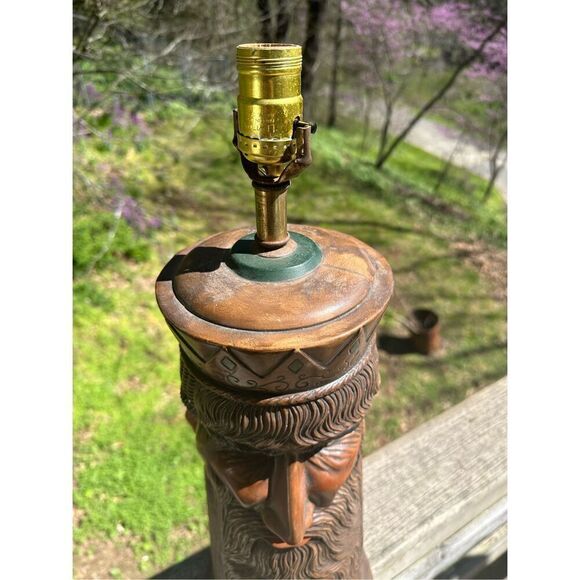 Vintage MCM 70s Ceramic Large Lamp Carved Look 3 Faces Beards Unique 19” Signed - Picture 2 of 16